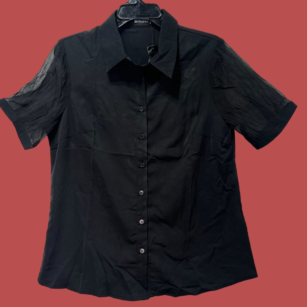 Allegra K - Women's Short Sleeve Button Front Blouse - Black - Medium